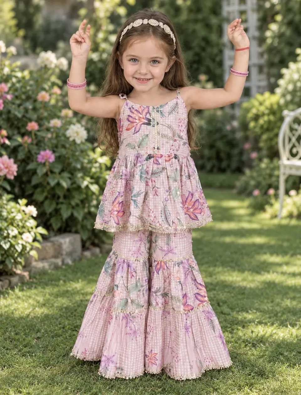 Girl twirling in the Blush Tropica pink gingham peplum and tiered sharara