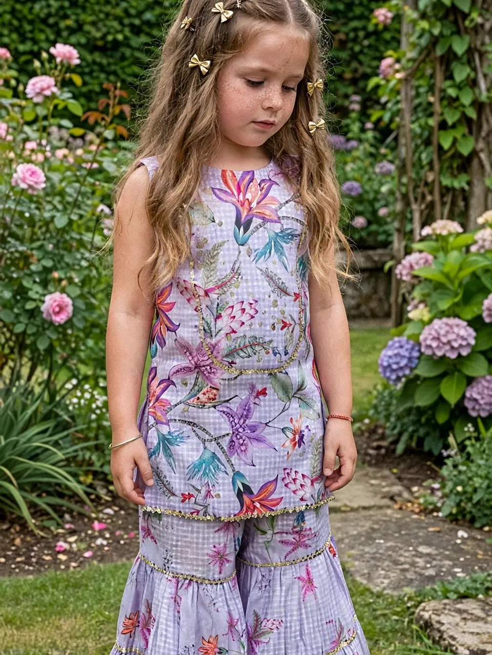 Lavender Meadow: Sleeveless gingham kurta + tiered sharara