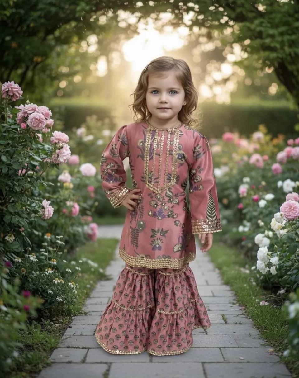 Girl in the Rosewood Zari kurta sharara on a rose-lined path